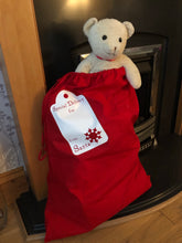Load image into Gallery viewer, Full Santa Sack with a teddy poking out the top with customisable special delivery label printed on the front